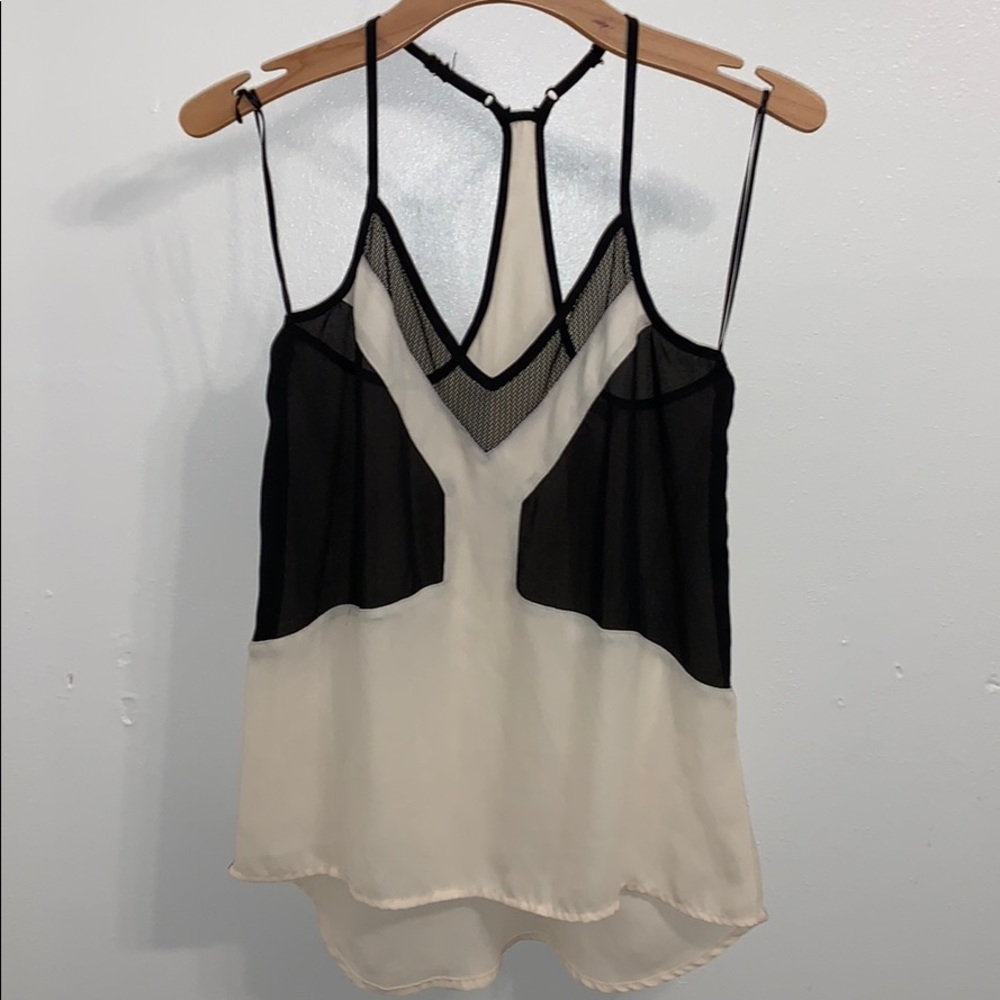 Arden B XS cream sheer tank w/black mesh detail